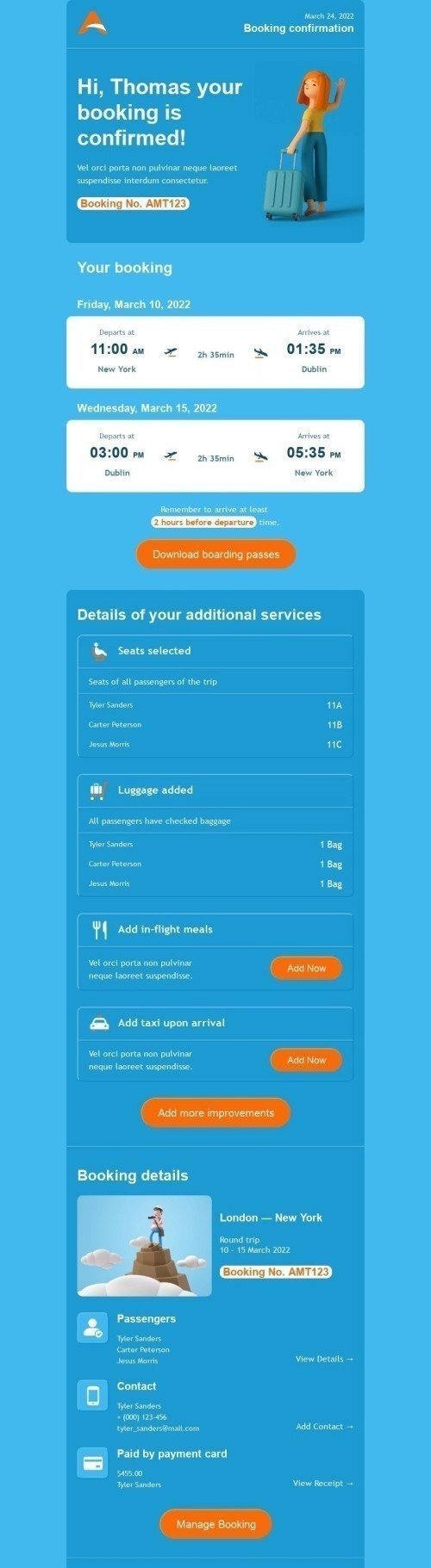 Шаблон листа «Підтвердження бронювання» тематики Повідомлення для індустрії «Авіалінії» мобільний вигляд