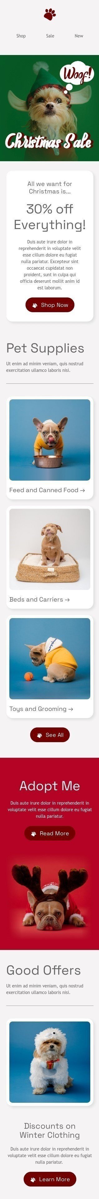 Modello email Natale «Tutto quello che vogliamo per Natale è...» per il settore industriale di animali domestici Visualizzazione mobile