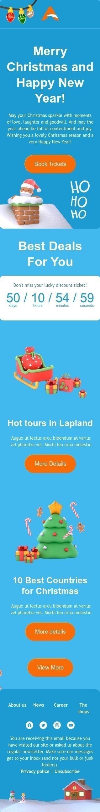 Modelo de e-mail de «Passeios quentes na Lapônia» de Natal para a indústria de companhia aérea Visualização de dispositivo móvel