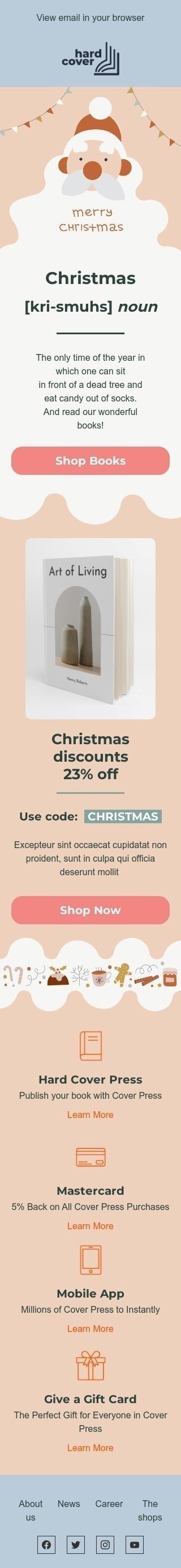 Modelo de e-mail de «Leia nossos livros maravilhosos» de Natal para a indústria de livros e presentes e papelaria Visualização de dispositivo móvel