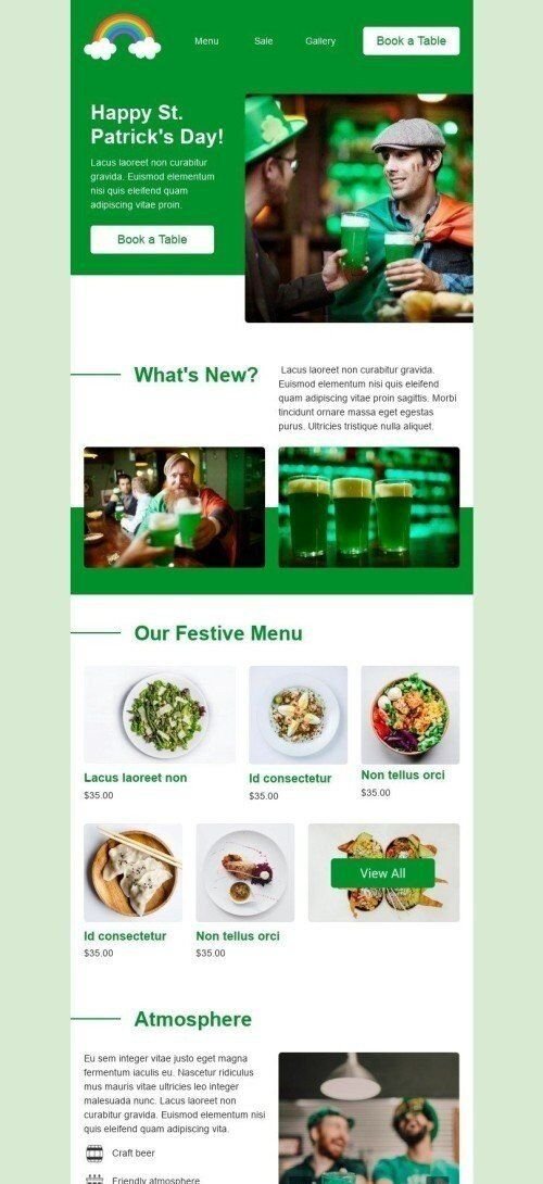 Modelo de E-mail de «Menu Festivo» de Dia de São Patrício para a indústria de Bebidas Visualização de dispositivo móvel