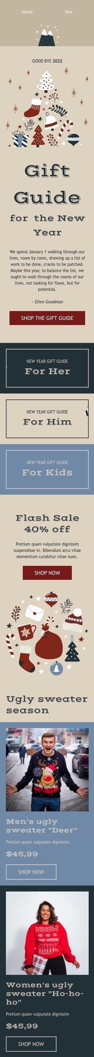 New Year email template "Gift guide ​for New Year" for fashion industry mobile view