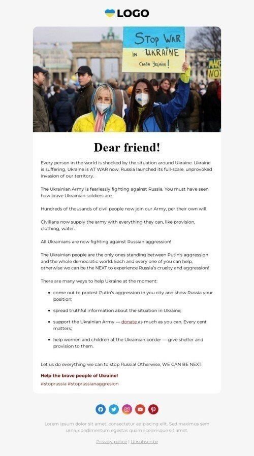 Email-шаблон "Зупинимо агресію Росії" мобільний вигляд