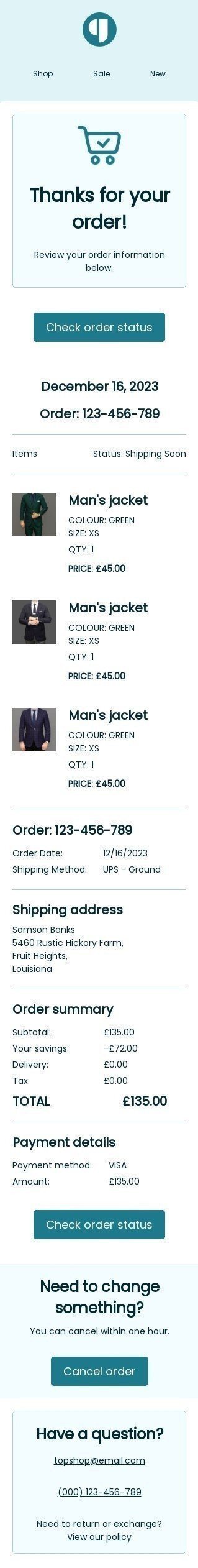 Bestellung E-Mail-Vorlage «Danke für Ihre Bestellung» für E-Commerce-Branche Ansicht auf Mobilgeräten