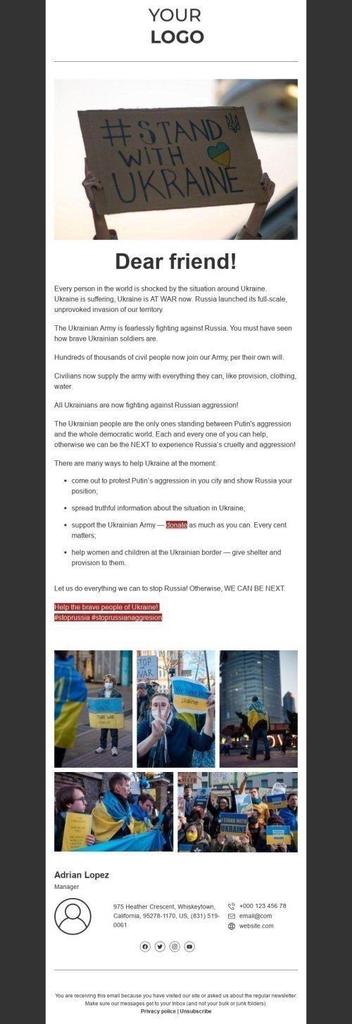 Modelo de e-mail "Ajude a Ucrânia. Não fique calado" Visualização de dispositivo móvel
