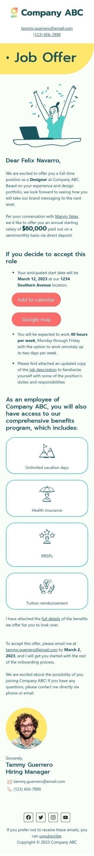 Interne E-Mail-Vorlage «Jobangebot» für HR-Branche Ansicht auf Mobilgeräten