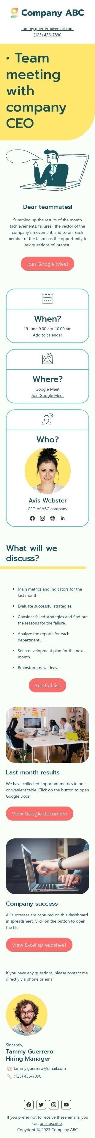 Modello email interne «Riunione di squadra» per il settore industriale di HR Visualizzazione mobile