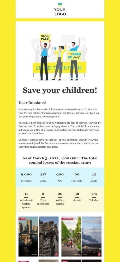 The "War in Ukraine: True facts and numbers. You still have time to save your children” email template mobile view
