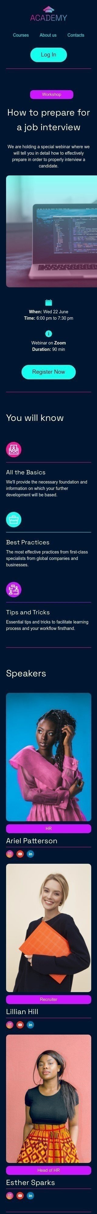 Events email template "Invitation to a workshop or webinar" for education industry mobile view