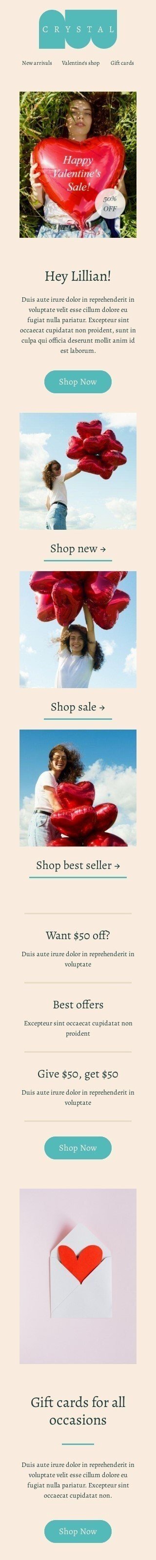 Шаблон письма к празднику День Св. Валентина «Подарочные карты на все случаи жизни» для индустрии «Мода» мобильный вид