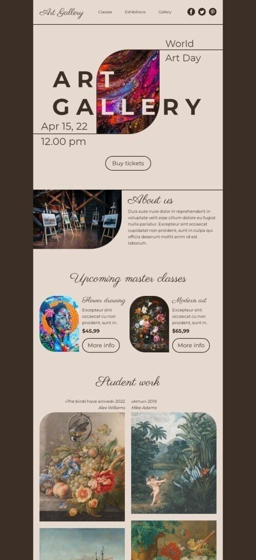 Modello Email Giornata mondiale dell'arte «Galleria d'arte» per il settore industriale di Galleria d'arte Visualizzazione mobile