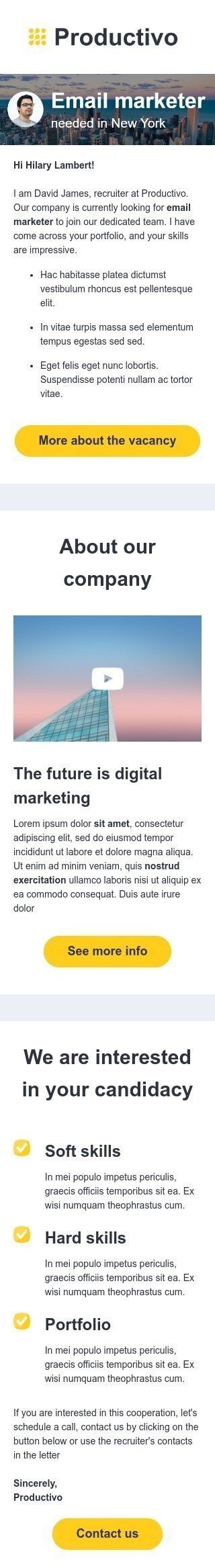 Modelo de e-mail de «Precisa-se de um profissional de marketing por e-mail em Nova York» de promoção para a indústria de negócios Visualização de dispositivo móvel