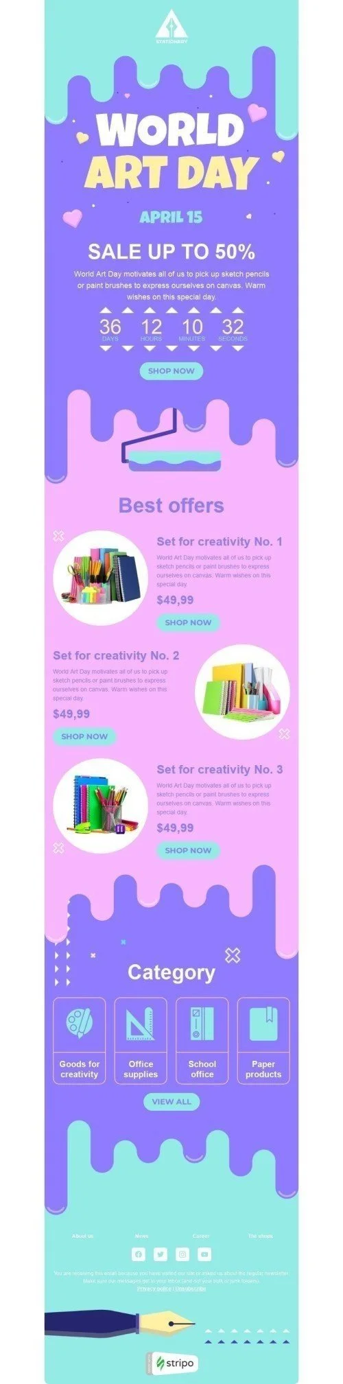 World Art Day Email Template "Set for creativity" for Books & Presents & Stationery industry