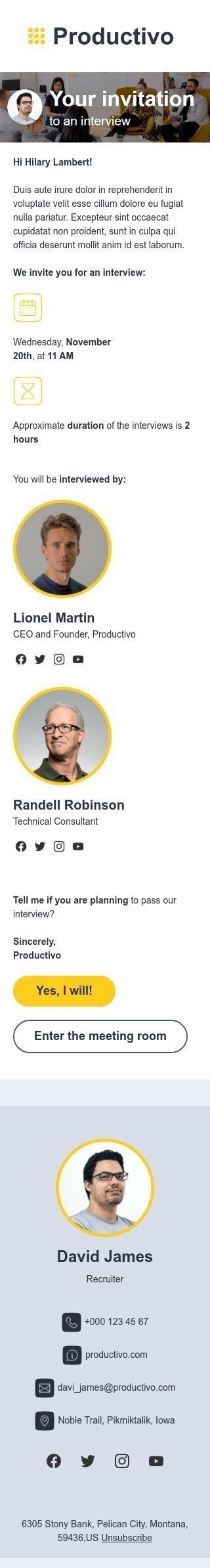 Modelo de e-mail de «Seu convite para uma entrevista» de promoção para a indústria de negócios Visualização de dispositivo móvel