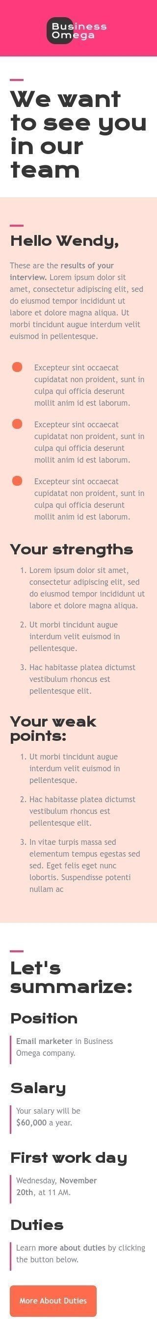 Werbung E-Mail-Vorlage «Wir möchten Sie in unserem Team sehen» für Business-Branche Ansicht auf Mobilgeräten