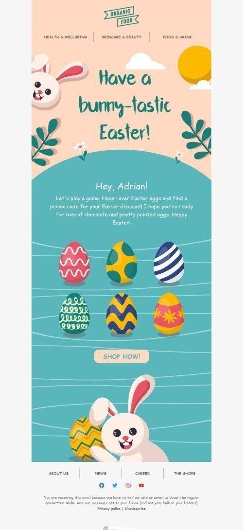 Modelo de E-mail de «Tenha uma Páscoa de coelho-tastic!» de Páscoa para a indústria de Bens Orgânicos e Ecológicos Visualização de dispositivo móvel