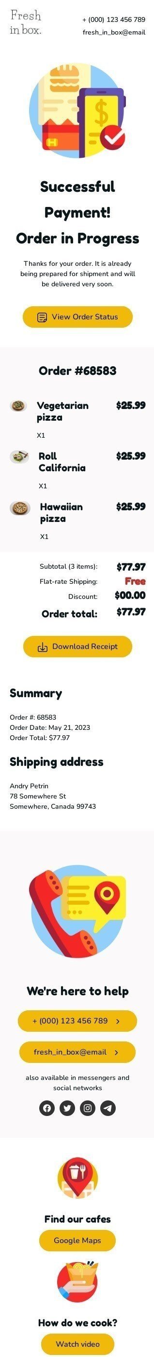 Modèle de courrier électronique gâchette «Paiement réussi» pour le secteur nourriture Affichage mobile