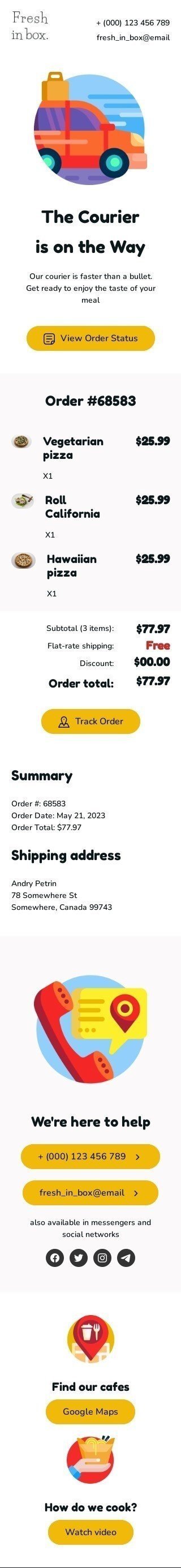 Trigger email template "The courier ​is on the way" for food industry mobile view