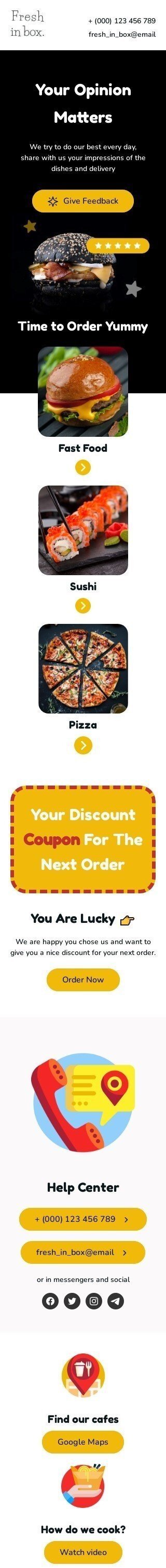 Промо шаблон письма «Ваше мнение имеет значение» для индустрии «Еда» мобильный вид