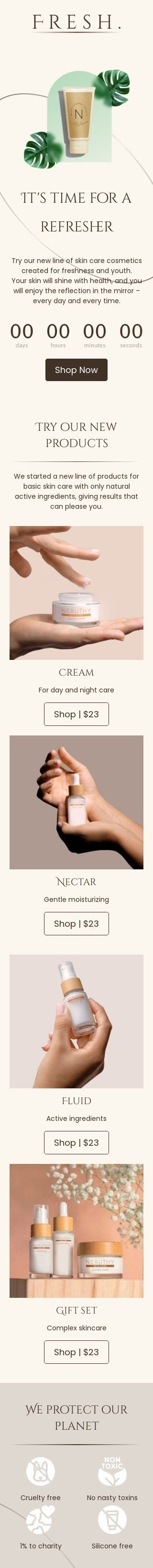 Werbung E-Mail-Vorlage «Es ist Zeit für eine Auffrischung» für Beauty & Pflege-Branche Ansicht auf Mobilgeräten