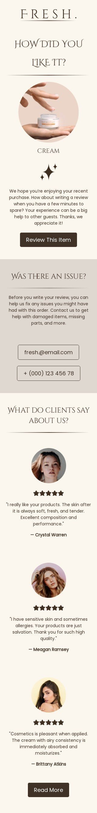 Werbung E-Mail-Vorlage «Wie hat es Dir gefallen?» für Beauty & Pflege-Branche Ansicht auf Mobilgeräten