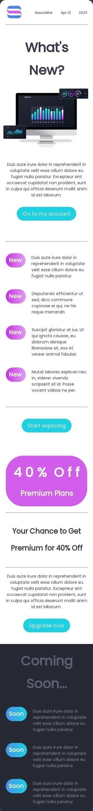 Промо шаблон письма «Наши новые обновления» для индустрии «Бизнес» мобильный вид