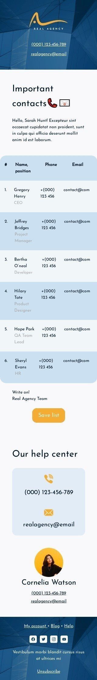 Modelo de e-mail de «Contatos importantes» de promoção para a indústria de negócios Visualização de dispositivo móvel