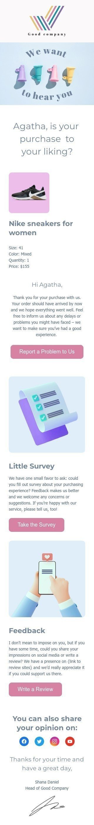 Modelo de e-mail de «Queremos ouvir você» de serviço ao cliente para a indústria de moda Visualização de dispositivo móvel