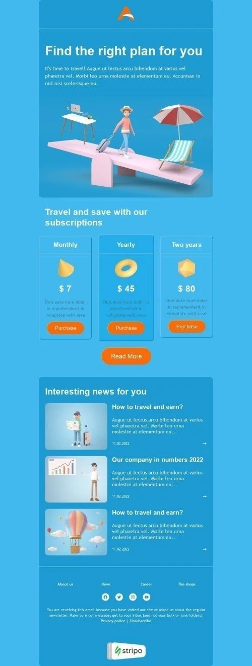 Price List Email Template "Find the right plan" for Airline industry