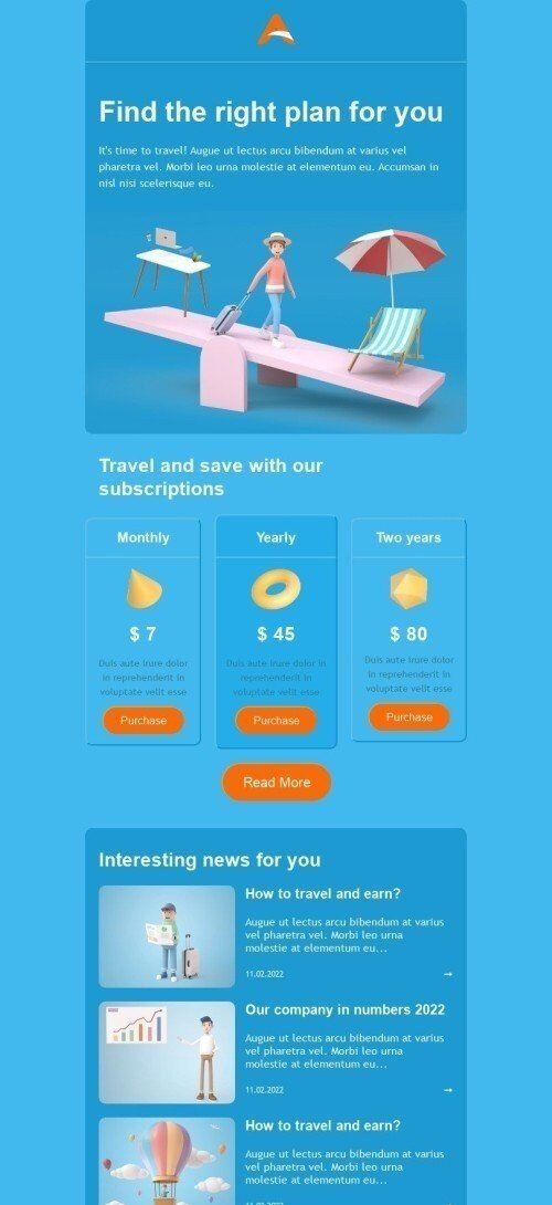 Modello Email Listino prezzi «Trova il piano giusto» per il settore industriale di Compagnia aerea Visualizzazione mobile