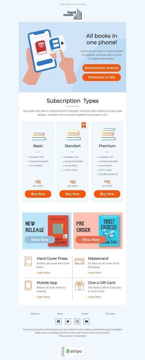 Price List Email Template "Subscription types" for Books & Presents & Stationery industry mobile view