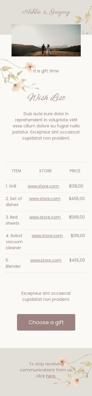 Modelo de e-mail de «Lista de desejos de casamento» de promoção para a indústria de hobbies Visualização de dispositivo móvel
