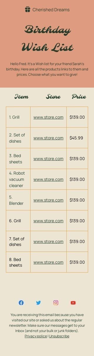 Werbung E-Mail-Vorlage «Wunschliste Geburtstag» für Hobbys-Branche Ansicht auf Mobilgeräten