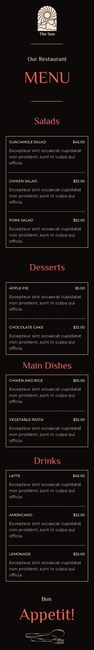 Промо шаблон листа «Меню ресторану Сонце» для індустрії «Ресторани» мобільний вигляд