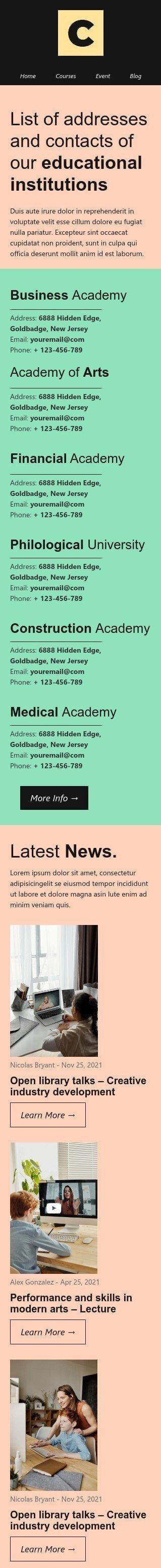 Промо шаблон листа «Навчальні заклади» для індустрії «Школа та освіта» мобільний вигляд