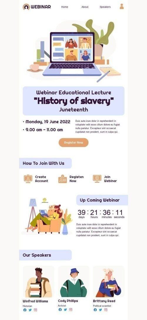 Plantilla de correo electrónico «Historia de la esclavitud» de Juneteenth para la industria de Seminarios en línea Vista de móvil