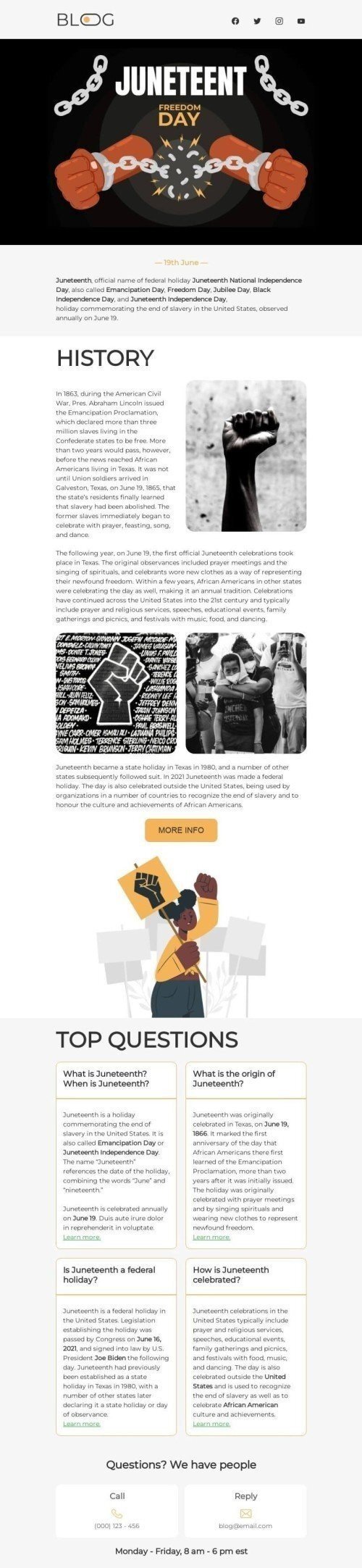 Juneteenth E-Mail-Vorlage «Geschichte des Urlaubs» für Publikationen und Blogs-Branche Ansicht auf Mobilgeräten