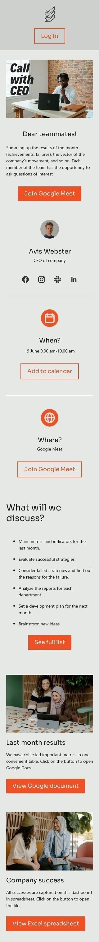 Modello email promo «Chiama con il CEO» per il settore industriale di commercio Visualizzazione mobile