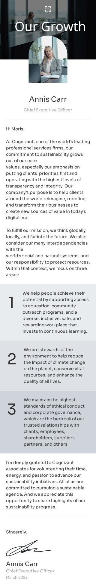 Modelo de e-mail de «Mensagem do CEO» de promoção para a indústria de negócios Visualização de dispositivo móvel