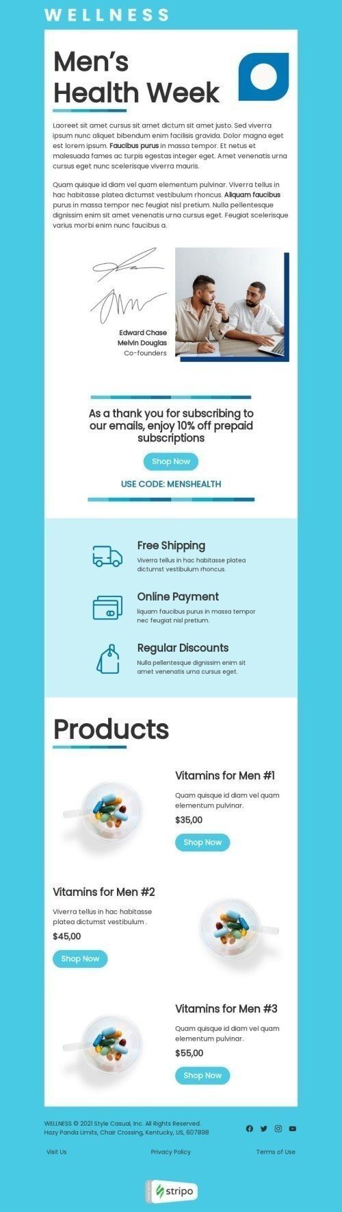 Modelo de E-mail de «Vitaminas para homens» de Semana da Saúde Masculina para a indústria de Saúde e beleza Visualização de desktop