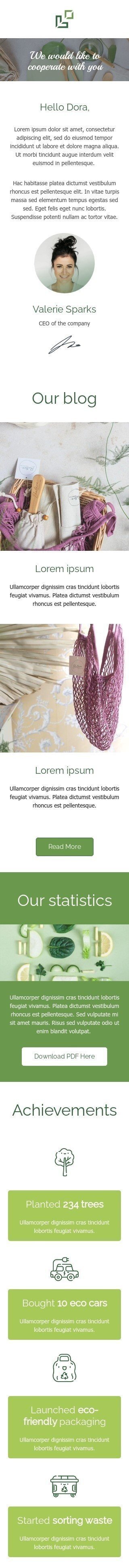 Modèle de courrier électronique outreach «Nous aimerions coopérer avec vous» pour le secteur produits bio & ècolo modèles de courriel Affichage mobile