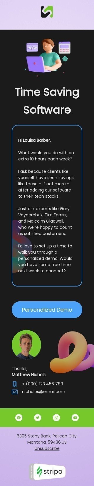 Modelo de e-mail de «Software de economia de tempo» de outreach para a indústria de negócios Visualização de dispositivo móvel