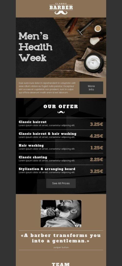 Plantilla de correo electrónico «Corte de pelo clásico» de Semana de la Salud Masculina para la industria de Belleza y cuidado personal Vista de móvil