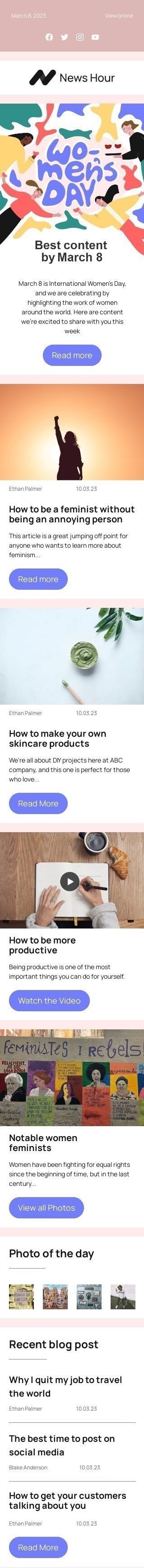 Modello email Festa della donna «I migliori contenuti entro l'8 marzo» per il settore industriale di editoria e blog Visualizzazione mobile