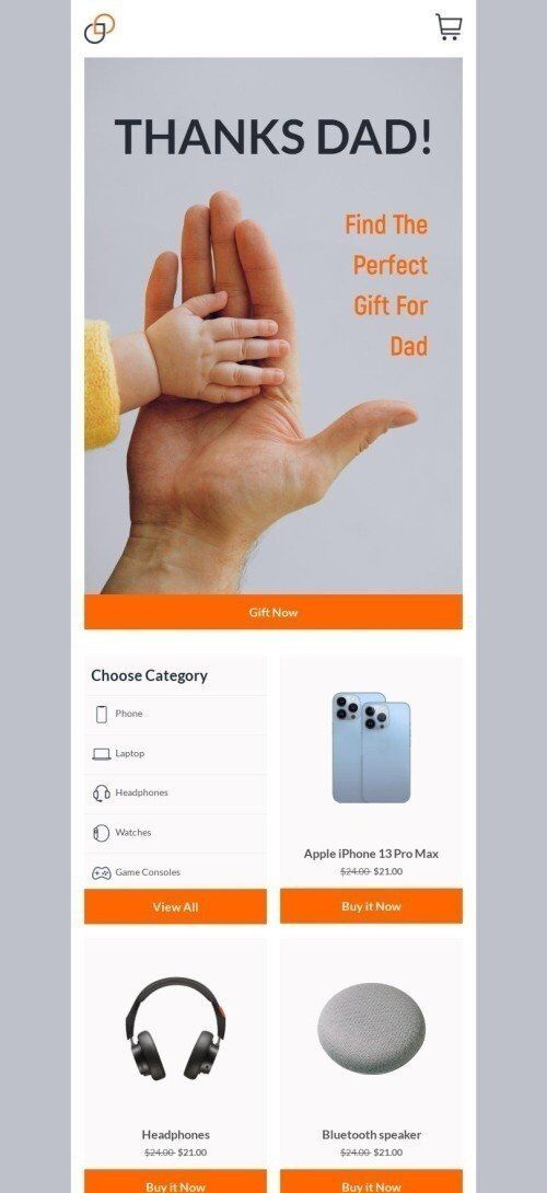 Modello Email Festa del papà «Grazie papà» per il settore industriale di Gadget Visualizzazione mobile
