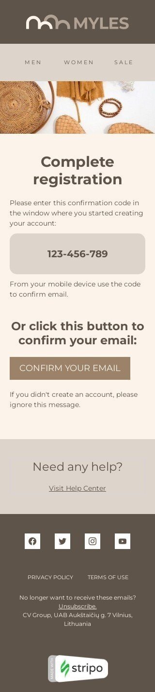 Modèle de courrier électronique confirmation «Enregistrement complet» pour le secteur mode Affichage mobile
