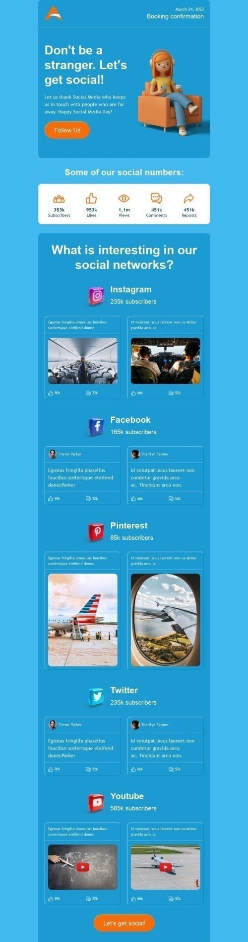 Шаблон листа до свята День соціальних мереж «Не будь чужим» для індустрії «Авіалінії» мобільний вигляд