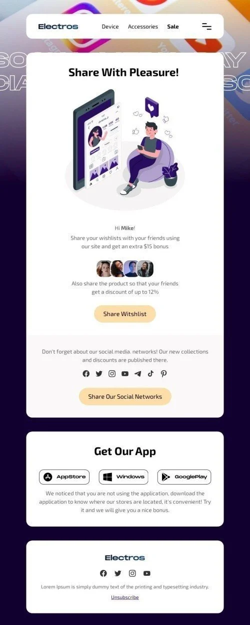 Social Media Day Email Template "Share Your Wishlists for a Bonus" for Ecommerce industry