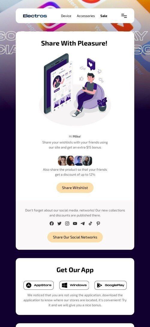 Social Media Day Email Template "Share Your Wishlists for a Bonus" for Ecommerce industry mobile view