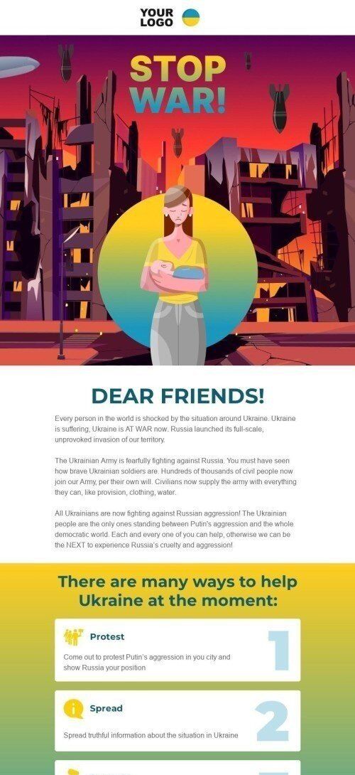 The "Help Ukraine Stop the War" email template mobile view
